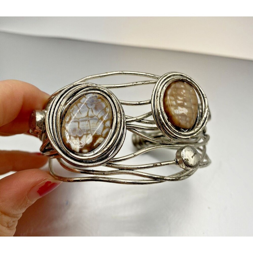 VTG Bracelet Bangle Gray Semiprecious Stone Silver Tone Solid 3" Wire Cuff